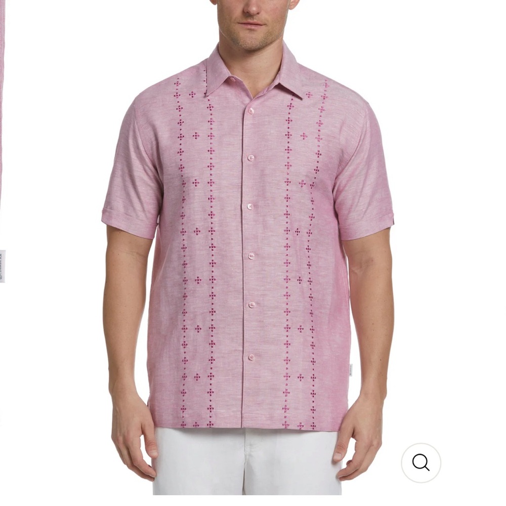 Cubavera LINEN BLEND GEO EMBROIDERED PANEL SHIRT